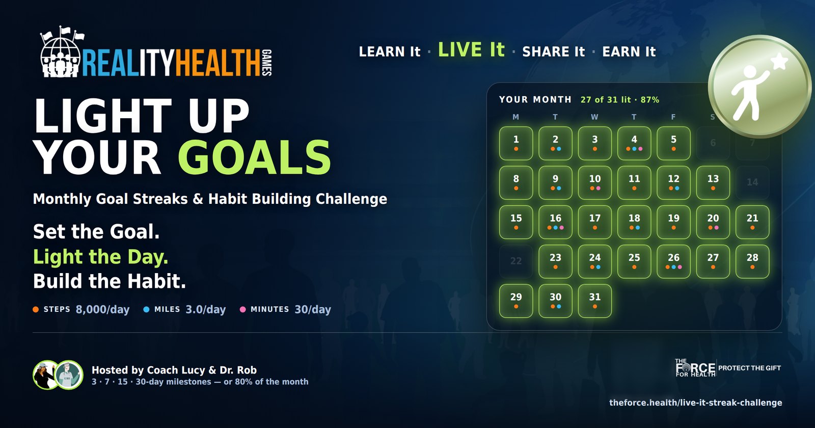 Reality Health Games Live It Streak Challenge: Light up your goals. Set the goal, light the day, build the habit. Hosted by Coach Lucy and Dr. Rob.