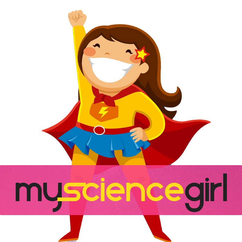 My Science Girl — superhero with red cape and lightning-bolt shirt