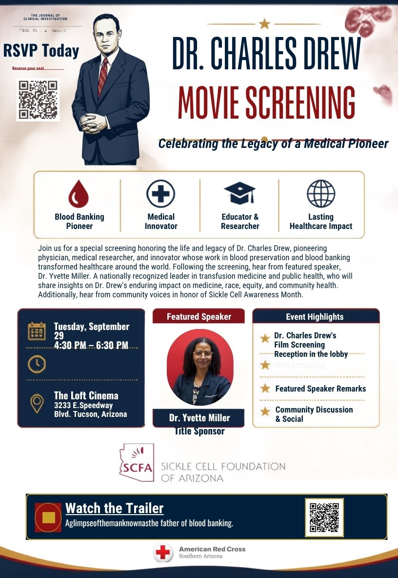 Dr. Charles Drew Movie Screening flyer — Tuesday, September 29, 4:30–6:30 PM at The Loft Cinema, Tucson, with featured speaker Dr. Yvette Miller