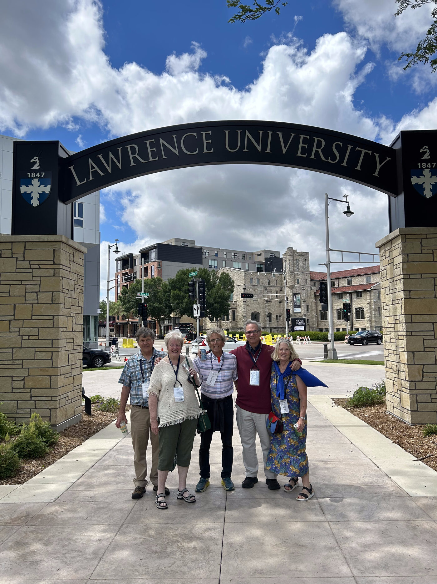 Dr. Robert Gillio with his cousins and friends under the Lawrence University arch at his 50th reunion