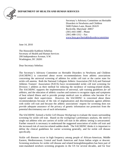HHS SACHDNC Letter on Athlete Screening for Sickle Cell Trait (2010) preview